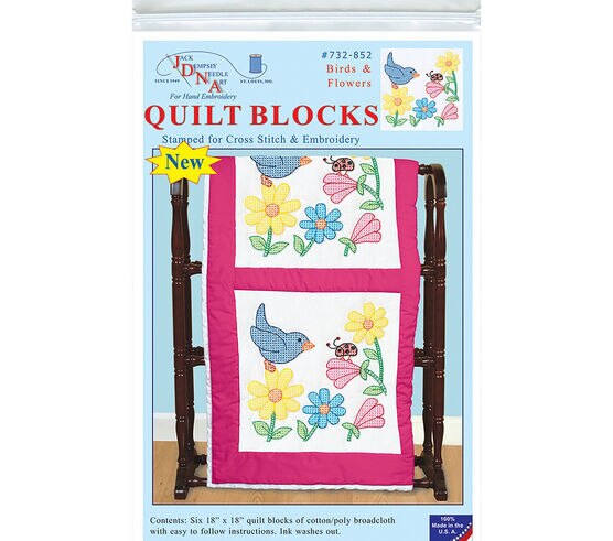 Jack Dempsey Needle Art 18" Birds & Flowers Stamped Quilt Blocks 6pk