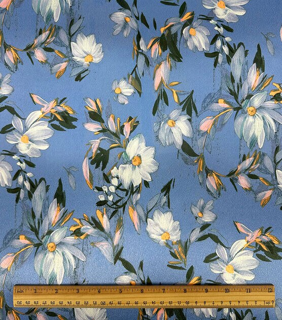 Blue Painted Floral Shiny Charmeuse Silky Fabric