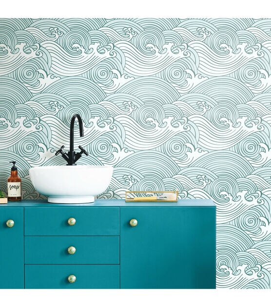 RoomMates 18" x 18' Teal Asian Waves Peel & Stick Wallpaper, , hi-res, image 4
