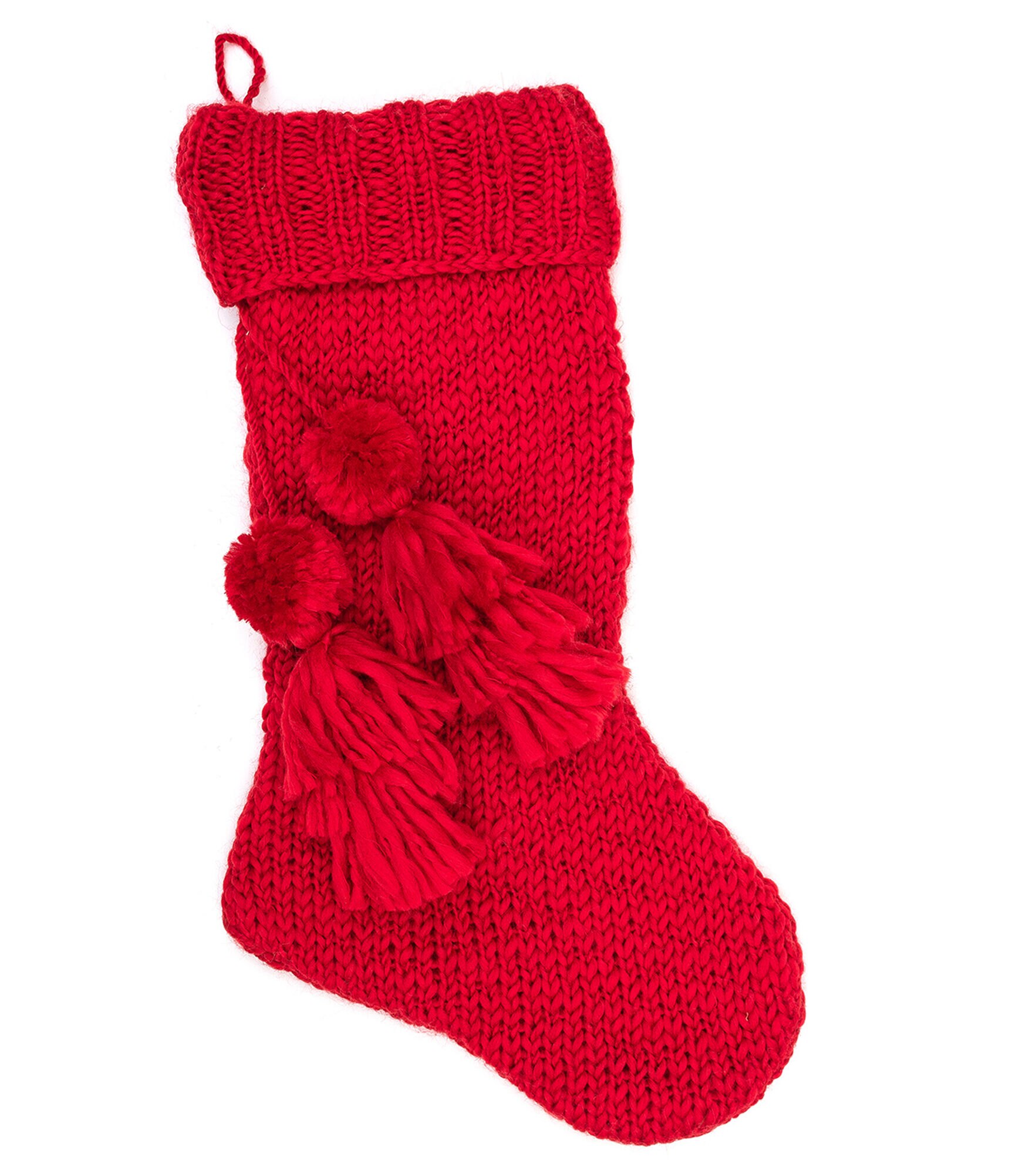 22" Christmas Knit Stockings With Pom Poms by Place & Time, Red, hi-res