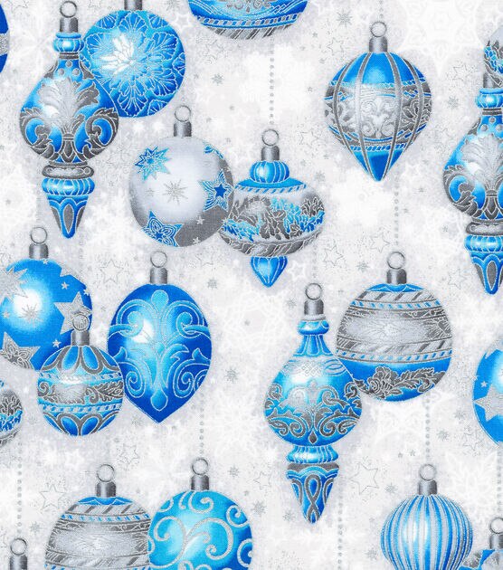 Robert Kaufman Blue Ornaments Christmas Metallic Cotton Fabric