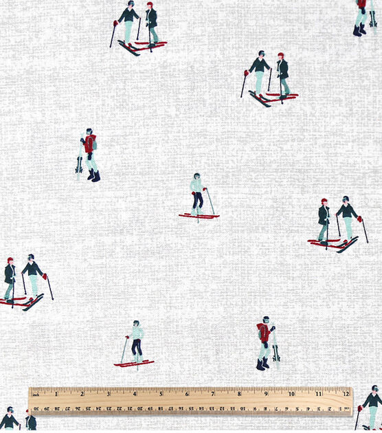 Skiers on White Novelty Cotton Fabric, , hi-res, image 3