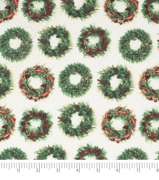 Singer Wreaths on White Christmas Cotton Fabric