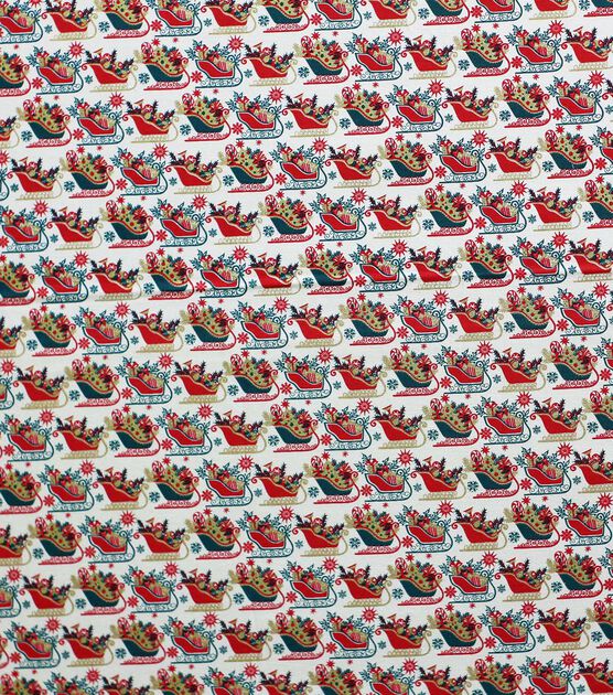 Red & Blue Sleighs Christmas Metallic Cotton Fabric