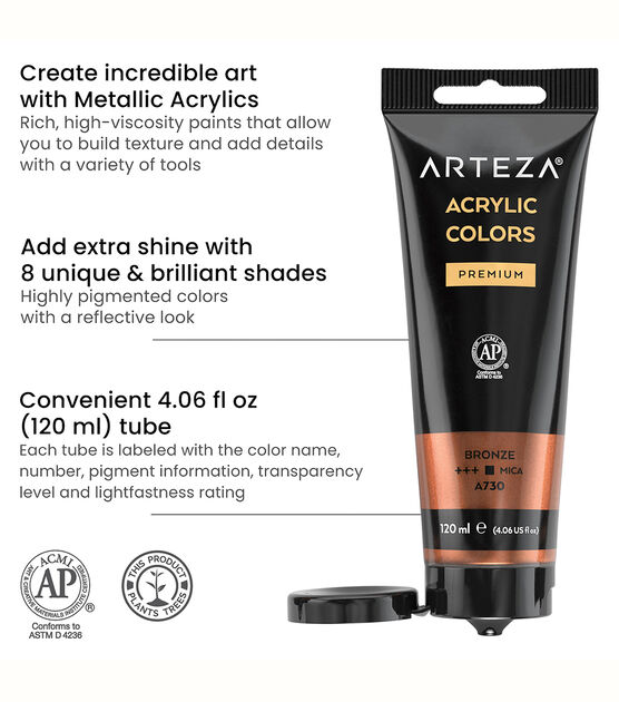 Arteza Acrylic Artist Paint Set, Metallic, 120ml Tubes, Assorted