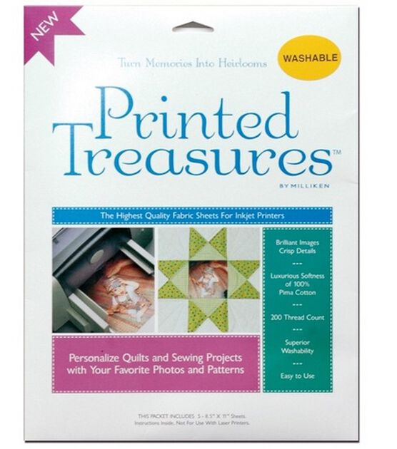 Dritz 8.5" x 11" Printed Treasures Sew In Inkjet Fabric Sheets 5pk