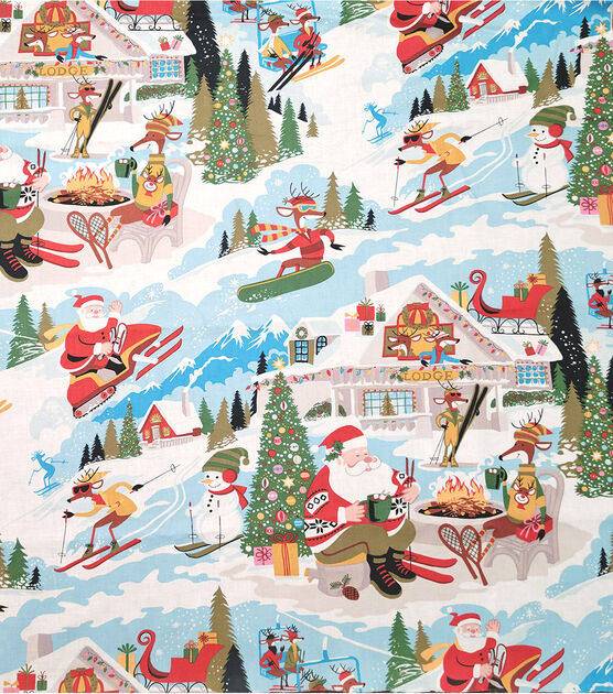 Santa At Yuletide Lodge on Blue Christmas Cotton Fabric