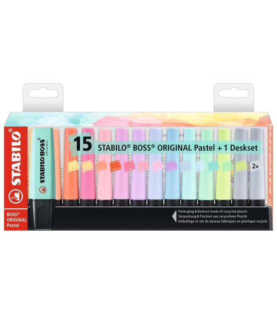 Highlighter - STABILO BOSS Original Pastel - Desk Set of 15pcs - 14  Assorted Colors (2X Dusty Grey)