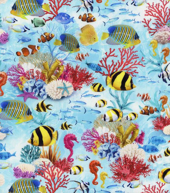 Hi Fashion Blue Underwater Sea Life Novelty Cotton Fabric