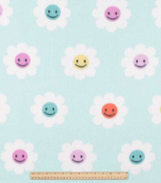 Blue Smiley Face Flowers Blizzard Fleece Fabric, , hi-res, image 2