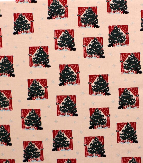 Trees & Snowflakes on Orange Christmas Cotton Fabric