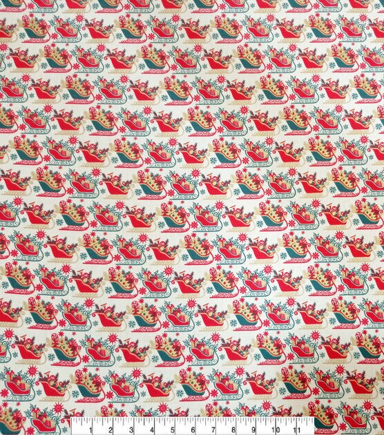 Red & Blue Sleighs Christmas Metallic Cotton Fabric, , hi-res, image 2