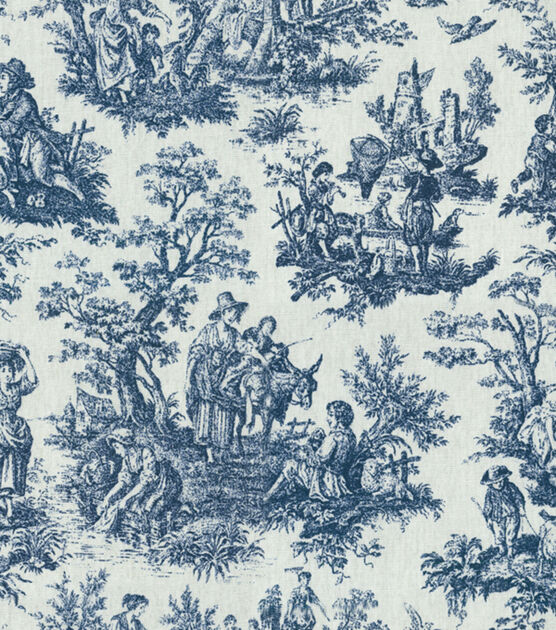 Navy Blue Traditional Toile Cotton Upholstery Fabric 54 by the Yard