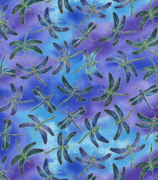Hi Fashion Flying Dragonflies on Blue Novelty Metallic Cotton Fabric
