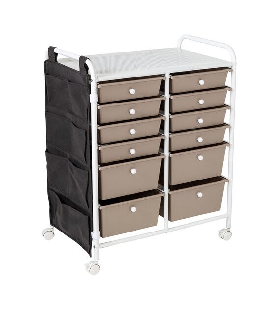 Honey-Can-Do 12-Drawer Metal Rolling Storage Cart with Side Pockets, White