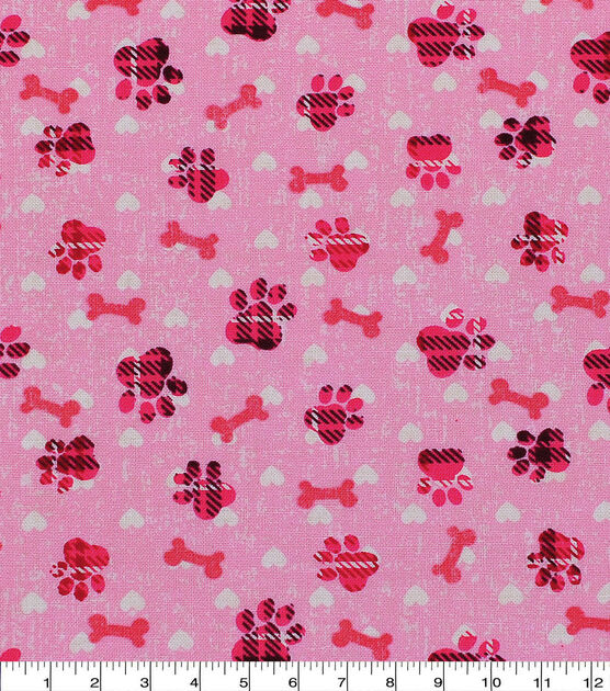 Cotton Quilt Fabric Fancy Cats Paw Prints Pink White Pets