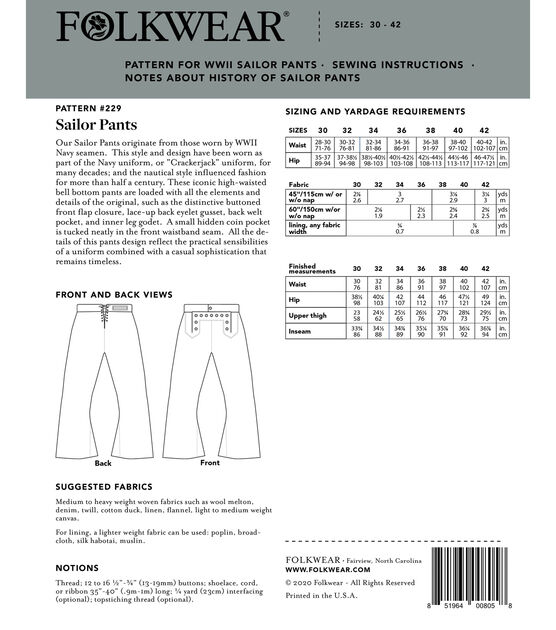 Folkwear 229 Size 30 to 42 Unisex Waist Sailor Pants Sewing Pattern, , hi-res, image 2