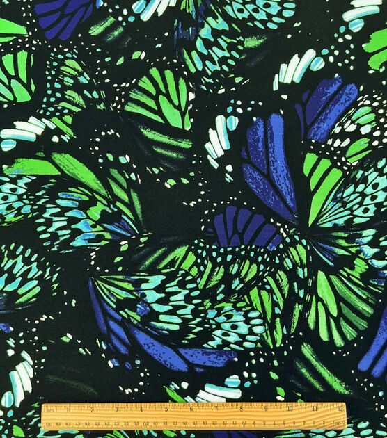 Blue & Green Butterfly Wings Rayon Spandex Knit Fabric, , hi-res, image 2
