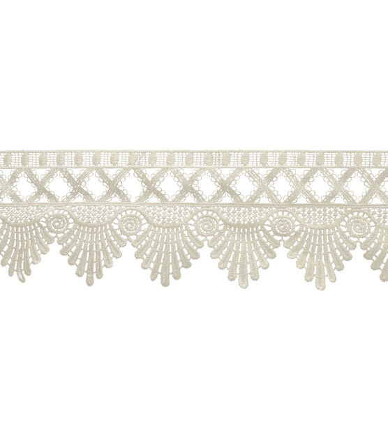 Embroidered Lace Trim, Corded, 2 Scallop Edges, 3 Flowers, 9 wide, Ivory
