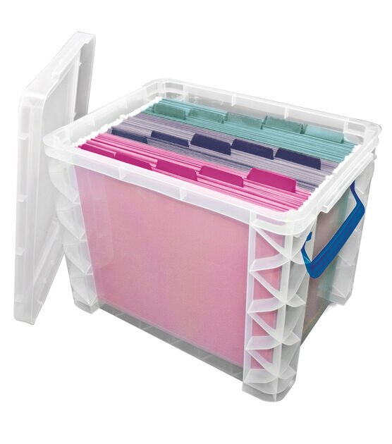 Storex Plastic File Tote Storage Box, 9-1/4 x 15-1/2 x 12-1/4, Blue/Clear