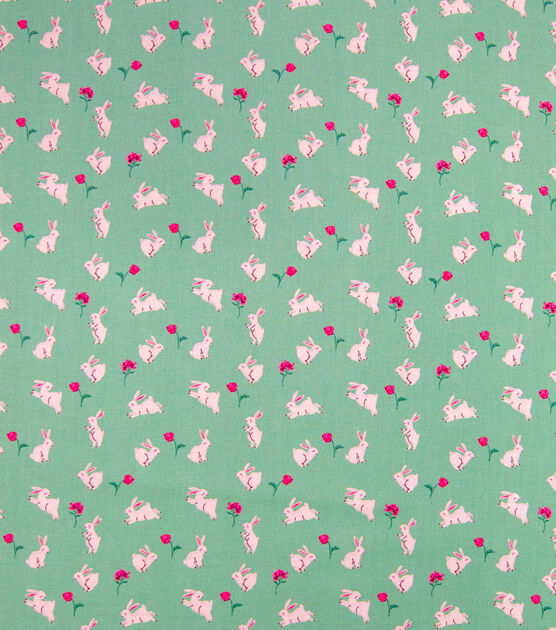 Hopping Bunnies On Sage Green Easter Cotton Fabric