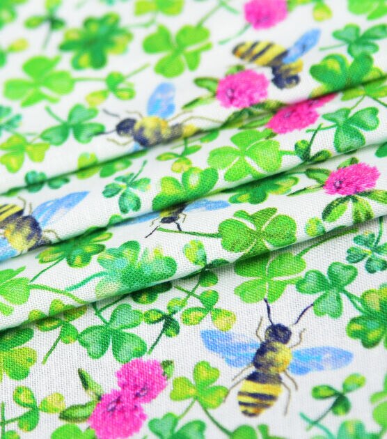 Shamrocks & Bees On White St. Patrick's Day Cotton Fabric, , hi-res, image 3