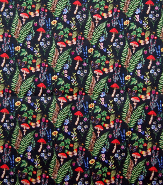 Mushroom Garden on Black Cotton Fabric by Keepsake Calico | JOANN