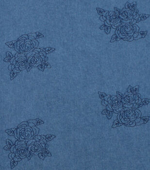 Blue Jean Cotton Denim Fabric Embroidered Patchwork Stitching in Gold 18 x  58