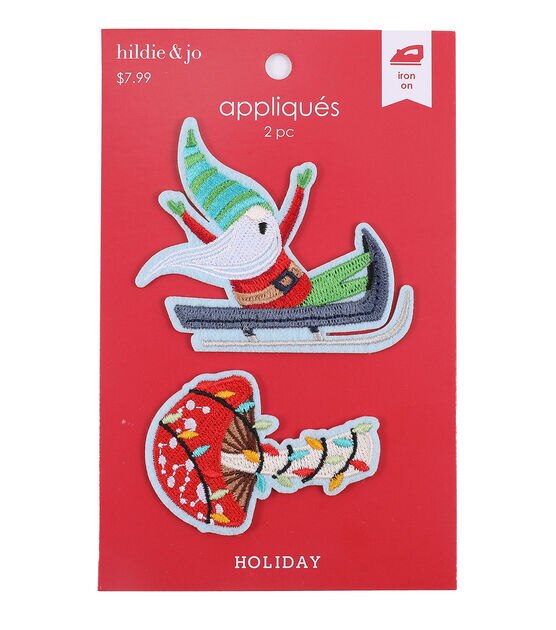 2ct Holiday Sled Gnome & Mushroom Iron On Patches by hildie & jo