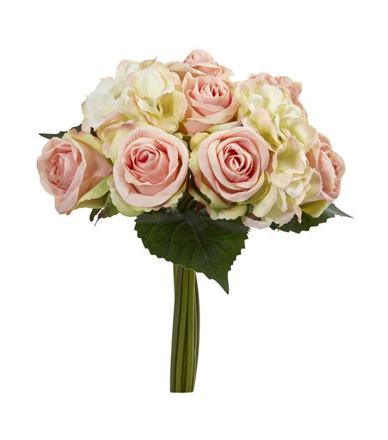 Nearly Natural 12" Spring Rose & Hydrangea Bouquet Artificial Flower 6ct