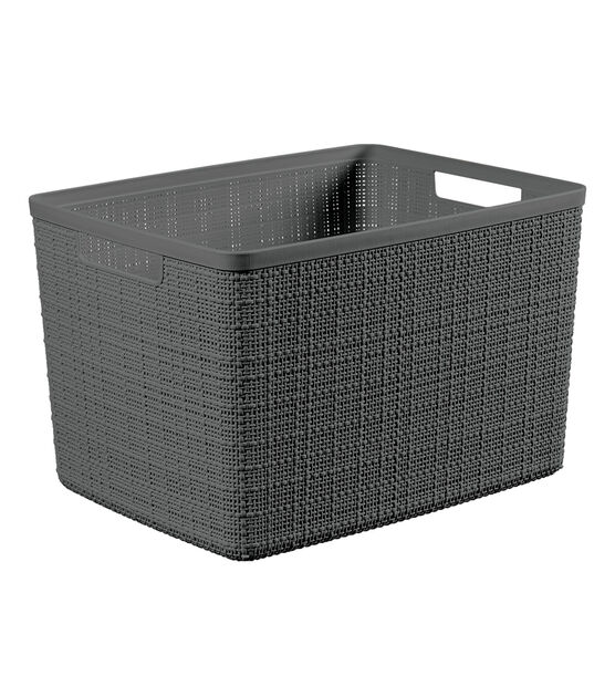 Storage Basket Weave Large Plastic Bin Cut Out Handles With Lid 4Count Grey