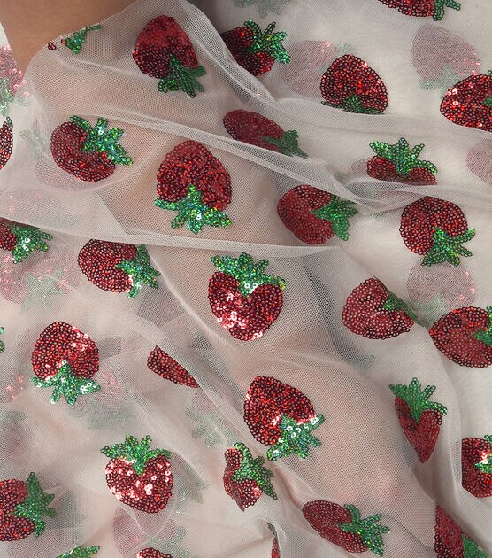 Glitter, Sparkly Sequin Fabric Strawberry Print Fabric Net, Tulle