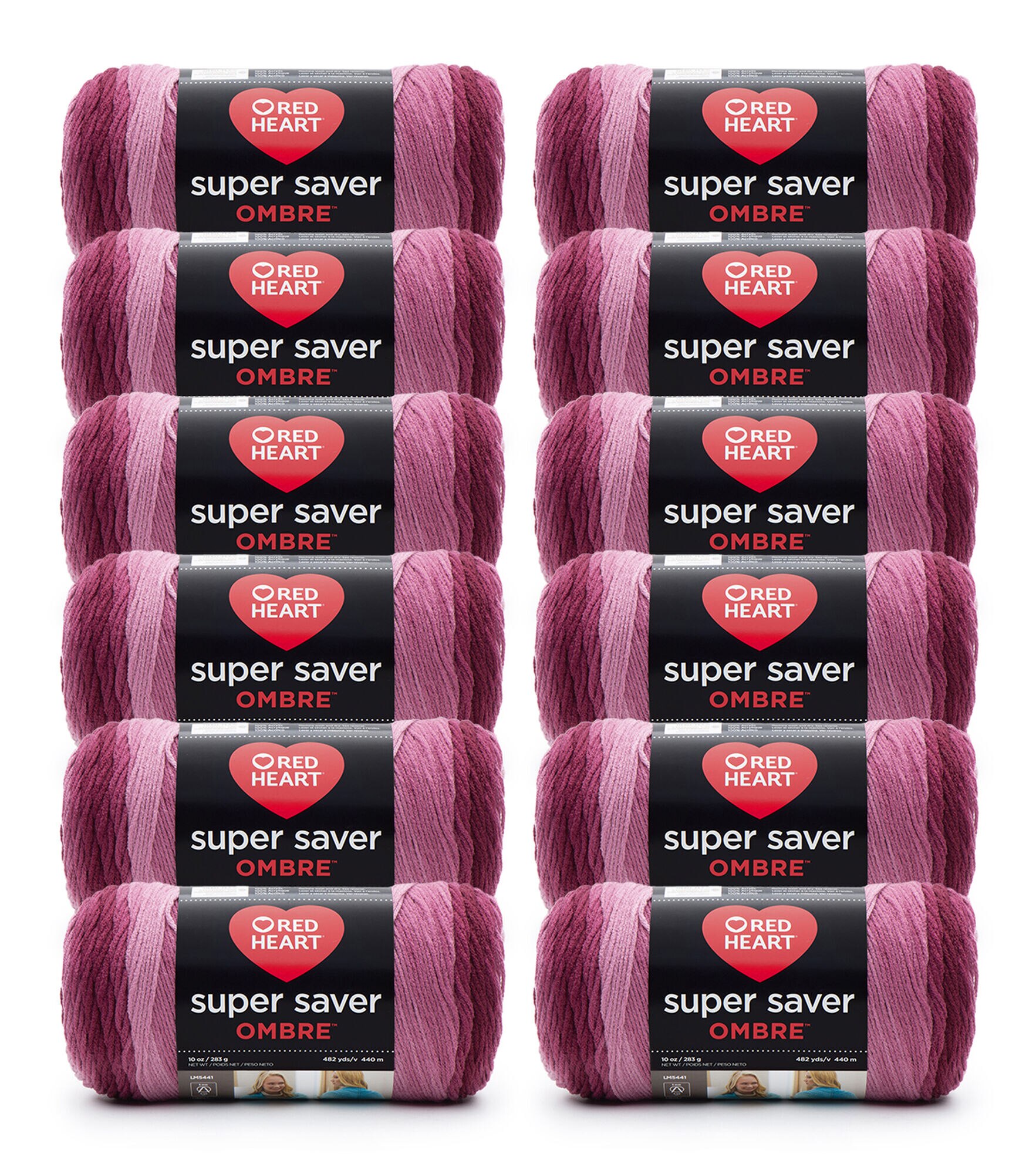 Red Heart Super Saver Ombre 482yds Worsted Acrylic Yarn 12 Bundle, Anemone, hi-res