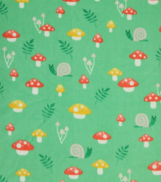 Spring Mushrooms on Green Anti Pill Plush Fleece Fabric by POP!
