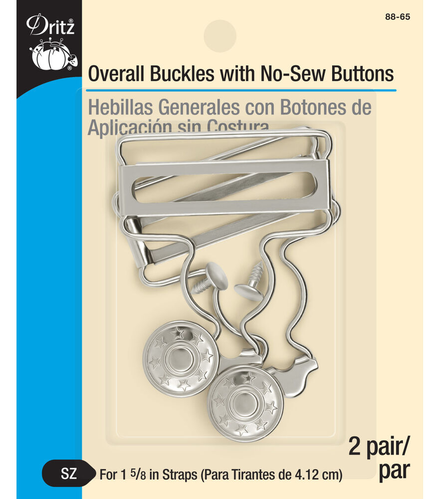 Dritz 1-3/4 Overall Buckles with No-Sew Buttons, Nickel, 2 pack