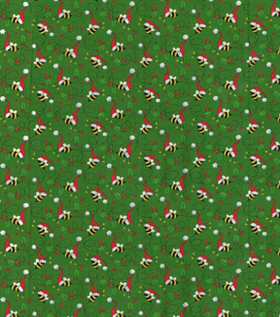 Santa Bees on Green Christmas Cotton Fabric