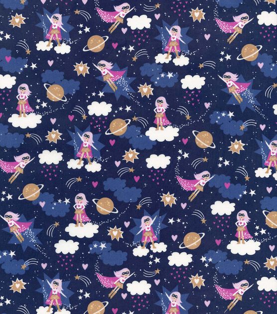 Girl Power on Blue Novelty Cotton Fabric