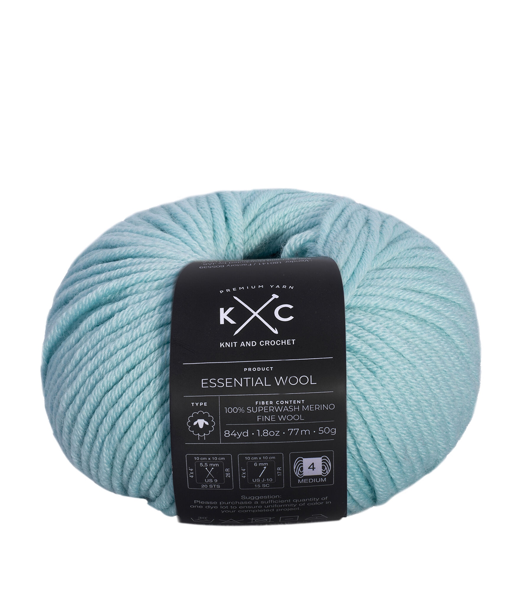 Essential Wool 84yds Worsted Superwash Merino Wool Yarn by K+C, Aqua Mist, hi-res