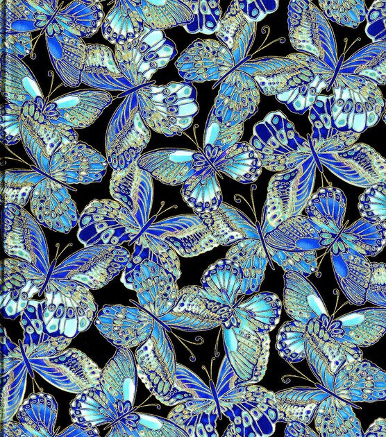 Butterflies Blue Metallic Premium Quilt Cotton Fabric | JOANN