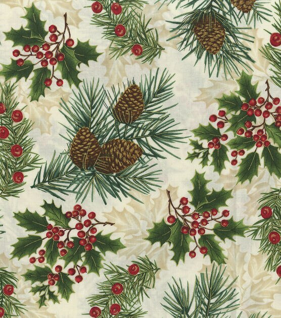 Hi Fashion Metallic Pinecone & Holly Christmas Cotton Fabric