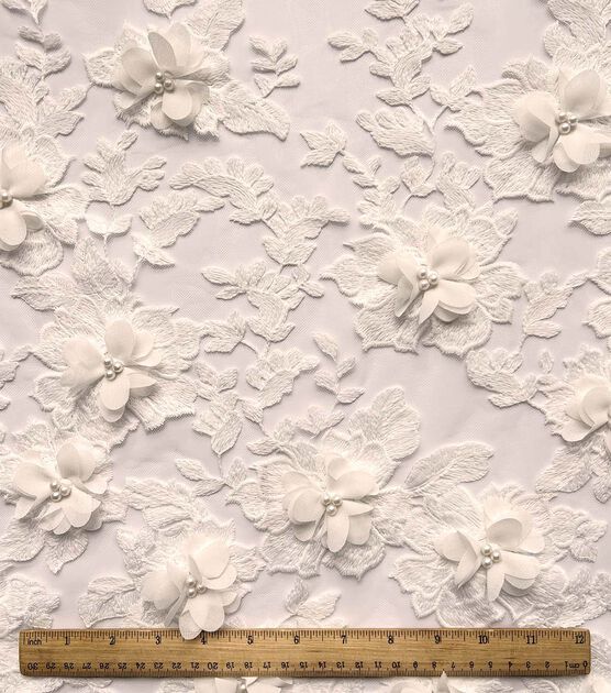 3D White Floral Embroidered With Pearls Mesh Fabric, , hi-res, image 2