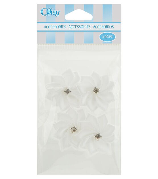 Offray Ribbon Accents White Flower with Rhinestone Center 4pcs