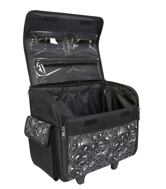 Everything Mary 4 Wheel Sewing Machine Storage Tote, Black & White Floral -  Rolling Trolley Carrying Bag for Brother, Singer, & Most Machines - Travel