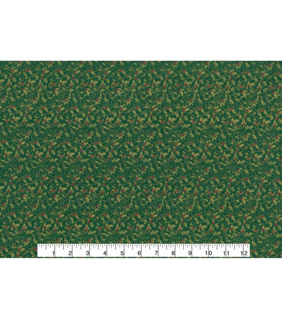 Green Holly Christmas Metallic Cotton Fabric, , hi-res, image 2