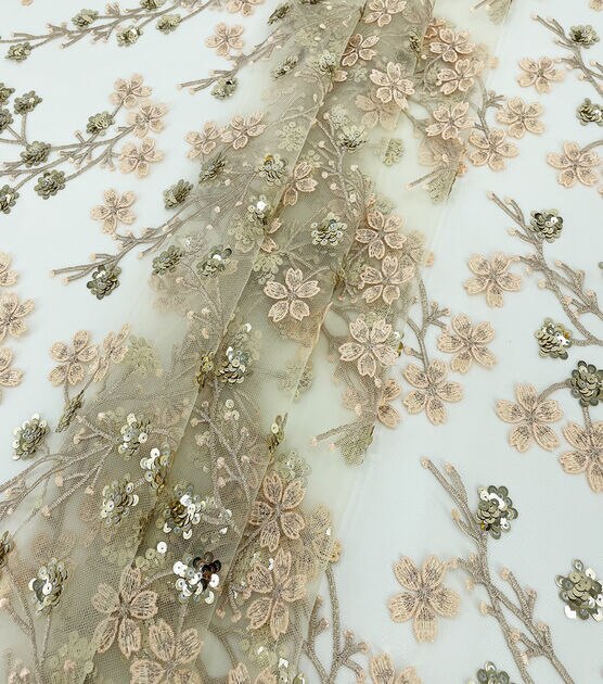 Big Floral Pattern Gold Sequin Stretch Mesh Fabric - OneYard