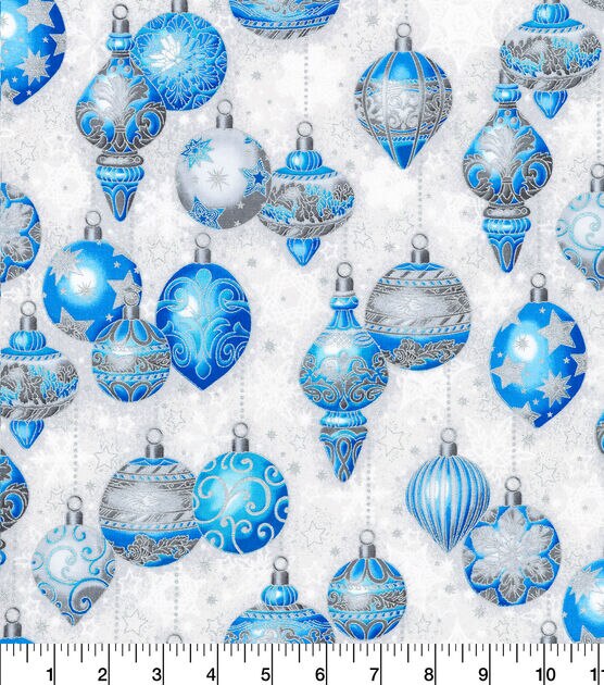 Robert Kaufman Blue Ornaments Christmas Metallic Cotton Fabric, , hi-res, image 2