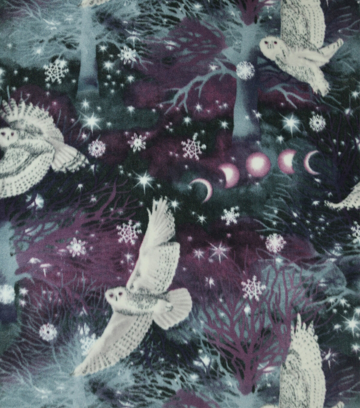 Blue Winter Solstice Owls in the Forest Anti Pill Fleece Fabric