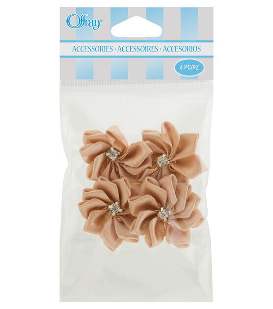 Offray Ribbon Accents Tan Flower with Rhinestone Center 4pcs