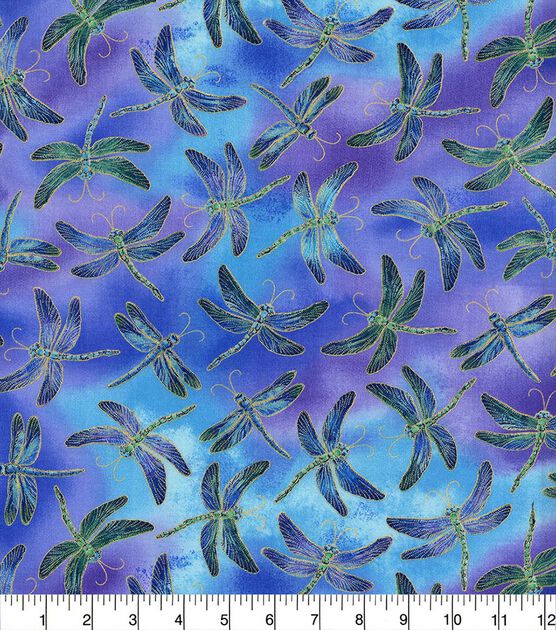 Hi Fashion Flying Dragonflies on Blue Novelty Metallic Cotton Fabric, , hi-res, image 2