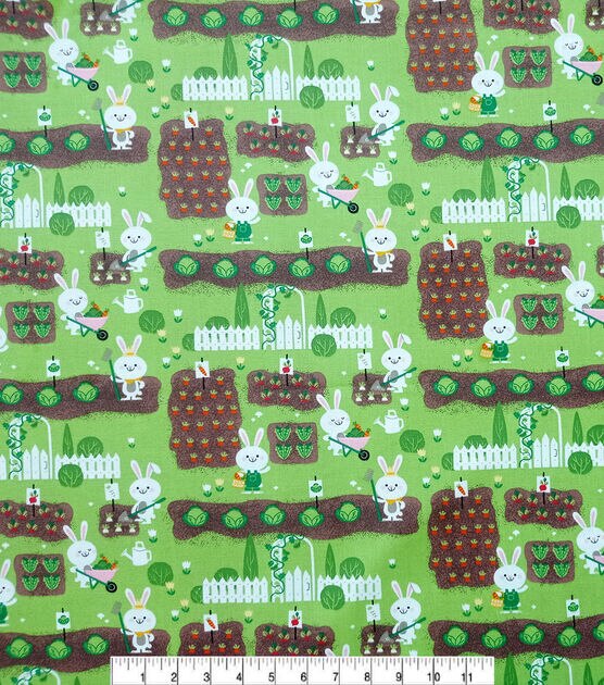 Bunnies Gardening on Green Easter Cotton Fabric, , hi-res, image 2